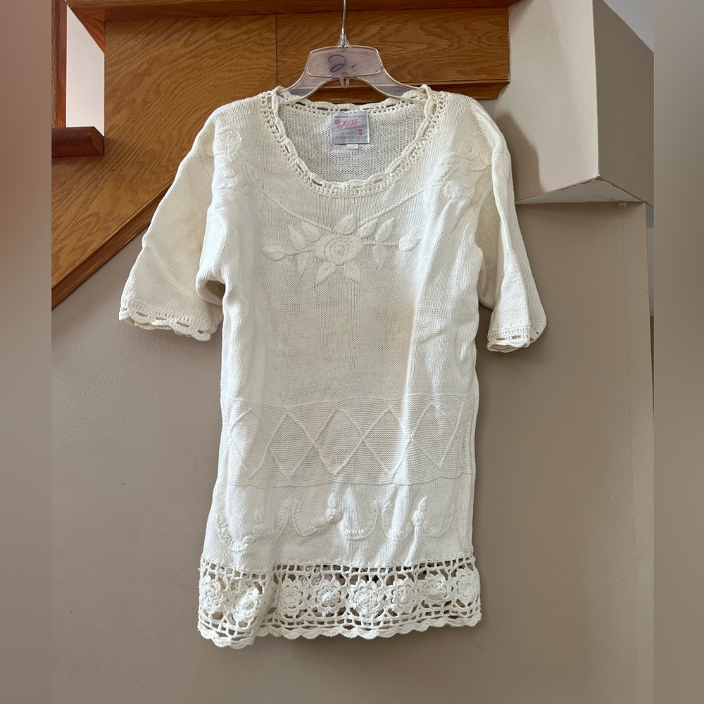 2/$20 - Vintage - Hand made RAMIE Cream Knit Top with Crochet Details